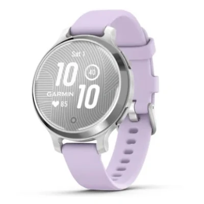 Afbeelding van Garmin Lily 2 Active Stijlvolle GPS smartwatch 33 sport apps 9 dagen batterijduur Adaptieve trainingsschema&#039;s Zilver met een Purple Jasmine Siliconen Bandje