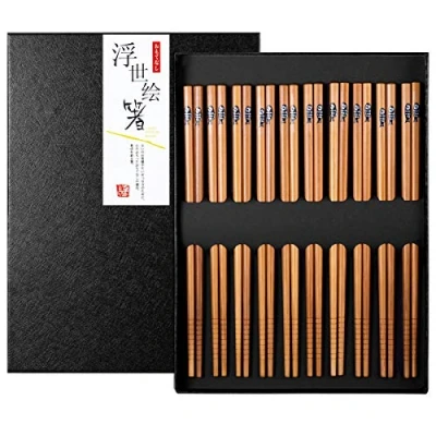 Afbeelding van Japanse herbruikbare eetstokjes van natuurlijk bamboe, geschenkdoos, met prachtige zwarte doos, 10 paar (kleine vispatronen)