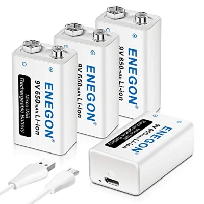Afbeelding van ENEGON 9 V blok 650 mAh Li ion 6F22 oplaadbare batterij met 2 in 1 micro USB kabel, oplader voor microfoon, rookmelder, elektronisch speelgoed, walkietalkie en andere apparaten (4 stuks)