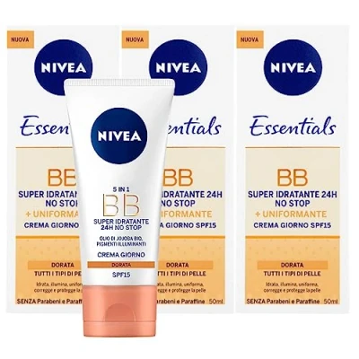Afbeelding van Nivea Essentials BB Cream Gepigmenteerde dagcrème, super hydraterend, 24 uur, No Stop SPF 15, gelijkmatig, lichter met jojoba olie en mineralen, gouden tint voor alle huidtypes, 3 flessen à 50 ml