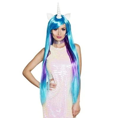 Afbeelding van Boland Pruik Eenhoorn Stardust Blauw,Neon Steil Lang Vrouwen Fantasy Unicorn