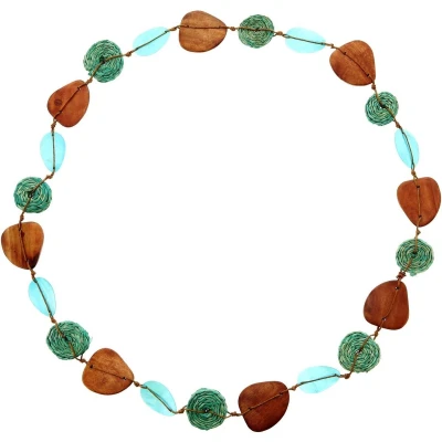 Afbeelding van Behave Lange blauwe ketting met platte schelp kralen, gevlochten en houten kralen