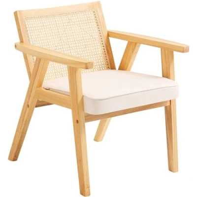 Afbeelding van VEVOR, Mid Century moderne armleuning, gestoffeerde rug, retro rotan eetkamerstoel voor woonkamer, slaapkamer, leeskamer en kantoor, beige, wit, 64 x 67 77 cm
