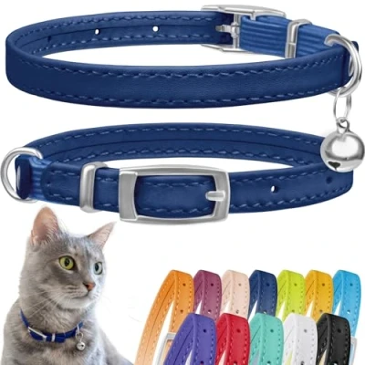 Afbeelding van CollarDirect Leren kattenhalsband, kattenveiligheidskraag met elastische riem, kittenhalsband voor kat bel, zwart, blauw, rood, oranje, limoengroen (nekpasvorm 9&quot; 11&quot;, marineblauw)