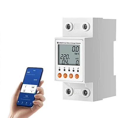 Afbeelding van eMylo Tuya Smart stroommeter DIN rail 1 fase digitale wisselstroommeter, 220 V, wifi zekeringsautomaat met stroomverbruikmeting en overspanningsbeveiliging, compatibel Alexa, Google Assistent