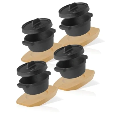 Afbeelding van BBQ Toro Mini Dutch Oven (4 stuks), Ø 11 cm, gietijzeren serveerpot met houten onderzetter, al ingebrand preseasoned, kookpan, kleine braadpan, pan