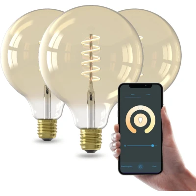 Afbeelding van Calex Slimme LED Lamp Set van 3 stuks E27 Wifi Verlichting Spiraal Filament Globe 12.5cm Smart Lichtbron Goud Dimbaar Warm Wit licht 7W