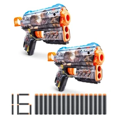 Afbeelding van XSHOT Skins Jurassic World, Flux Jurassic, 2 pack, 16 dartpijlen inbegrepen, Air Pocket Darttechnologie, Toy Foam Blaster voor kinderen, tieners en volwassenen, bruine doos, (Flux Jurassic)