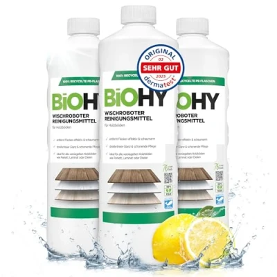 Afbeelding van BiOHY Schoonmaakmiddel voor dweilrobots (3 x 1l Fles) Vloerreiniger houten vloeren zoals parket &amp; laminaat streeploze glans concentraat met frisse geur (Wischroboter Holz)