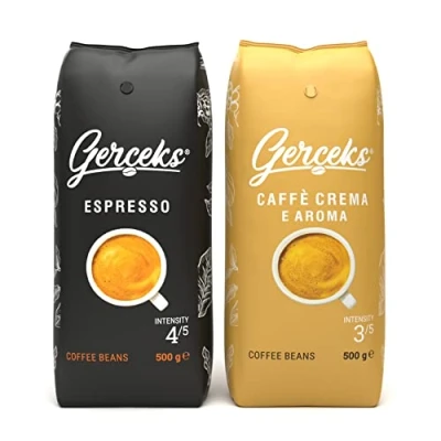 Afbeelding van GERCEKS Koffiebonen probeerset 1 kg, espresso koffie &amp; caffe crema, espressobonen krachtig en chocolade, barista bonenkoffie met weinig zuur, Arabica Robusta, medium roostering, 2 x 500 g verpakking