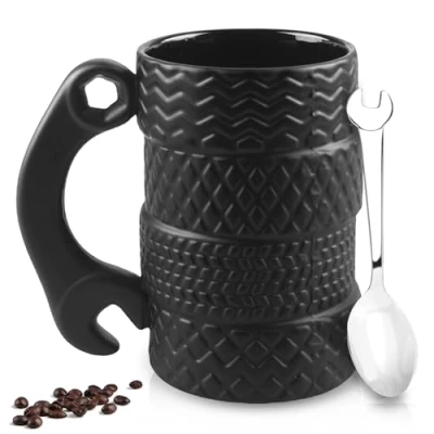 Afbeelding van WIYETY Bandenmok, grote keramische mok, 500 ml, creatieve keramiek met lepel, 3D beker, koffiekopjes, cadeaubeker voor thuis, kantoor, auto, cadeau, zwart