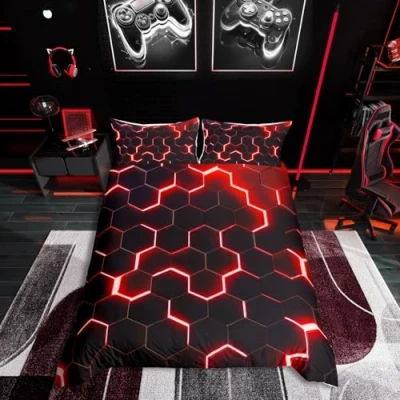 Afbeelding van Homewish Honingraat beddengoedset, tweepersoons, rood zwart geometrisch dekbedovertrek, neon glitter, zeshoek, geometrie, dekbedovertrek voor kinderen, jongens, tieners, mannen, zacht, lichtgewicht