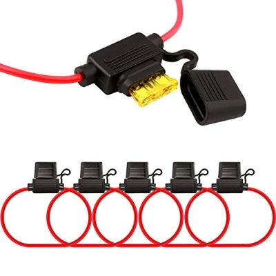 Afbeelding van FULARR® 5 stuks Premium ACU Medium Inline waterdichte zekeringhouder met 16 AWG kabelboom, 15 standaard meszekering + 1 zekeringtrekker kabelbinders, 12 V/24 V