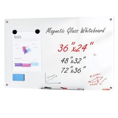 Afbeelding van VEVOR Magnetisch glazen whiteboard, Dry Erase Board 91,4 cm x 61 cm, wandmontage groot wit glasbord zonder frame, met markeerlade, een gum en 2 markeringen,