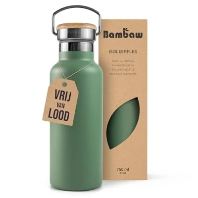 Afbeelding van Bambaw® 750ml RVS Thermosfles Dubbelwandig, Milieuvriendelijk, Lekvrijen, loodvrij en Plasticvrij Geïsoleerde Fles met Bamboe Deksel voor Warme Koude Dranken Ideaal Reizen, Werk, Yoga, Wandelen Dagelijks Gebruik groen