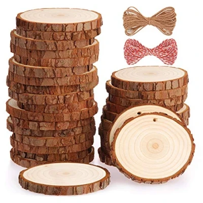 Afbeelding van Fuyit natuurlijke hout plakjes 30 stuks 7 8cm geboord gat onvoltooide log houten cirkels voor diy ambachten bruiloft decoraties kerst ornamenten met gratis geschenken