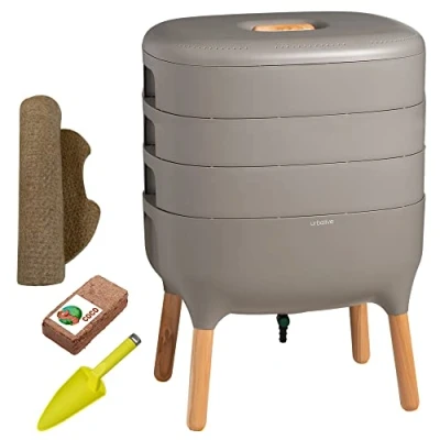 Afbeelding van Moutta Urbalive 3 bakjes Grijs, Complete Kit I Wormenbak Design Startersubstraat Hennepmat + Schep Binnen, balkon en tuin