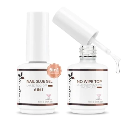 Afbeelding van Nicedeco 15ML No Wipe Semi Permanent Top Coat en Nagellak 6 in 1, Duurzaam thuis DIY Nagel Salon Kwaliteit 2PCS Kit voor Pedicure Manicure UV/LED