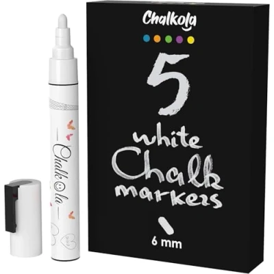 Afbeelding van Witte Krijtpennen Wit Droog Wis voor Krijtbord Borden, Ramen, Blackboard, Glas, Bistro 6mm Omkeerbare Tip (5 Pack)