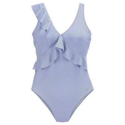 Afbeelding van Lascana gestreept badpak met ruches blauw/wit