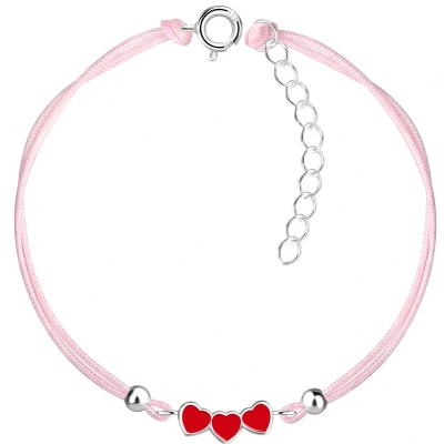 Afbeelding van JoyS Zilveren hartje bedel armband rode hartjes sterling zilver 925 roze koord th23