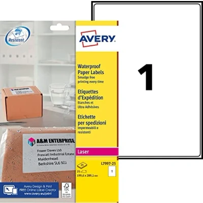 Afbeelding van AVERY Tas met 25 verzegelde en zeer hechtende laseretiketten, 199,6 x 289,1 mm, wit