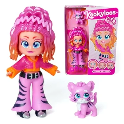 Afbeelding van KOOKYLOOS Roxy Pet Party Serie verzamelpop met een huisdier tijger incl. pop, 1 huisdier, modieuze kleding en schoenen accessoires, 3 verschillende gezichten!