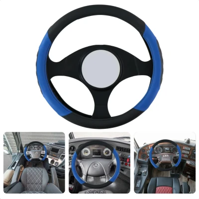 Afbeelding van Cheqo® Stuurhoes voor Vrachtwagen PU Leder 44 46 cm Blauw/Zwart Verbeterde Grip