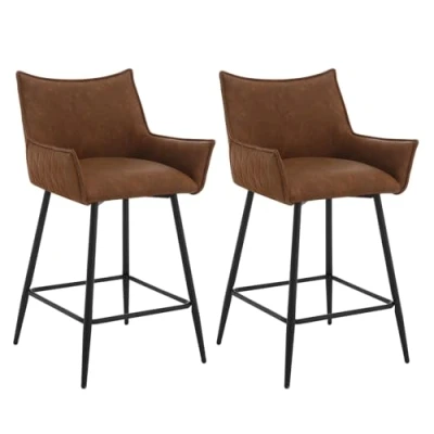Afbeelding van WOLTU Set van 2 barkrukken, barstoel met rugleuning, armleuningen, voetensteun, kruk kunstleren bekleding, ergonomische gestoffeerde kruk, keukenkruk, modern, voor bar, keuken, eetkamer, bruin,