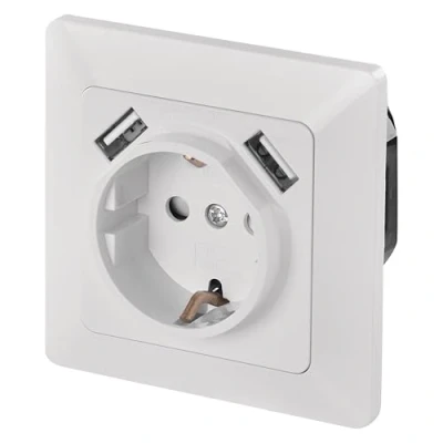 Afbeelding van EMOS A6000.1 inbouwstopcontact met 2 x USB aansluiting, geaard stopcontact poorten, 5 V/2,1 A, voor mobiele telefoon of smartphone opladen, wit, 4000 W, 250 V