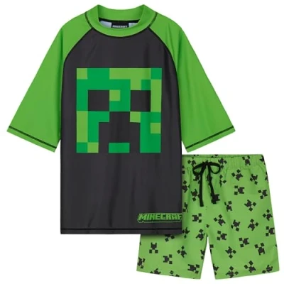 Afbeelding van Minecraft Badpak jongens, tweedelig zwempak zwemshirt &amp; zwemshorts, groen/zwart, 9 10 Jaren