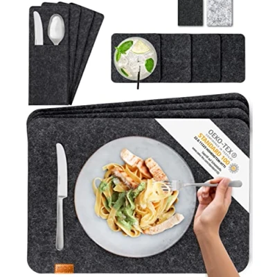 Afbeelding van MIQIO® Design Ontwerp Premium Vilt&amp;Leer Wasbaar Placemat met Onderzetters en Bestekzakken (Donkergrijs, set voor 4 personen)