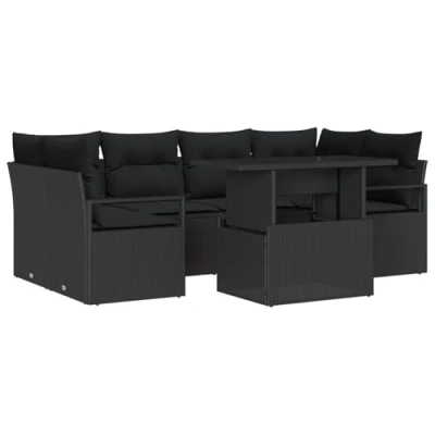 Afbeelding van vidaXL 7 delige Tuin Sofa Set met Kussens Zwart Poly Riet, 2 Persoons Riet