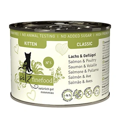 Afbeelding van catz finefood kitten N 5 zalm en gevogelte kattenvoer nat delicatessen natvoer voor jonge katten zonder granen suiker met een hoog vleesgehalte, 6 x 200 g blikjes