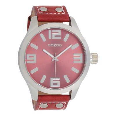 Afbeelding van OOZOO Timepieces Zilverkleurige horloge met koraal rood leren band C1009