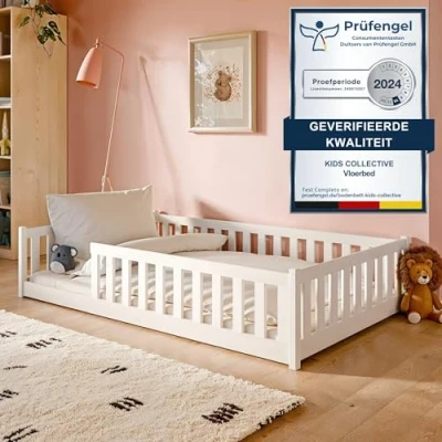 Afbeelding van Kinderbed vloerbed 120x200 cm met matras, valbescherming en lattenbodem Montessori bed ledikant kinderen tienerbed eenpersoonsbed wit andere maten 80x160 90x200 140x200