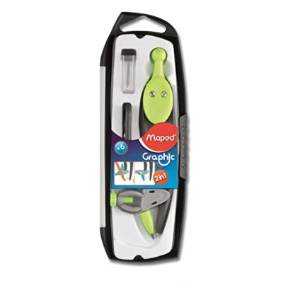 Afbeelding van Maped passer Graphic 360 set 3 delig verwisselbare dubbele vulling + ring met potloodhouder puntenslijper voor kinderen vanaf 6 jaar
