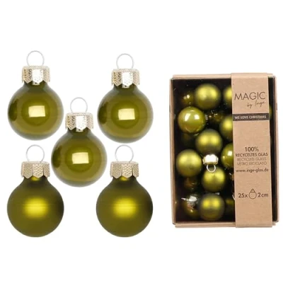 Afbeelding van kerstballen, glas, 2 cm, 25 stuks, mat en glanzend, mini kerstboomballen voor Kerstmis, kerstboomversiering kerstboomversiering, olijfgroen groen olijven