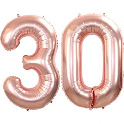 Afbeelding van Folie Ballon Cijfer 30 Jaar Rosé Goud 36Cm Verjaardag Folieballon Met Rietje