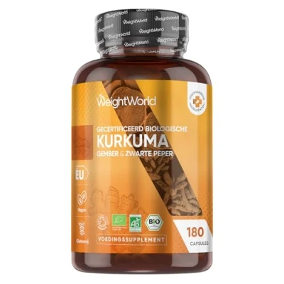 Afbeelding van WeightWorld Biologische Kurkuma met zwarte peper en gember 1440 mg 180 vegan capsules