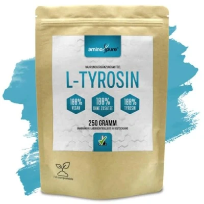 Afbeelding van aminopure® Puur tyrosine poeder pure L zonder additieven gisting van maïs (vrij gentechniek) 100% veganistisch en getest op schadelijke stoffen in het laboratorium 250 gram