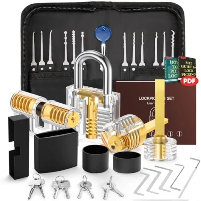Afbeelding van IPSXP Dietrich Lockpicking set, 28 stuks met 4 transparante trainingssloten en handleiding (mogelijk niet beschikbaar in het Nederlands), de perfecte lockpickset voor beginners professionals, zwart