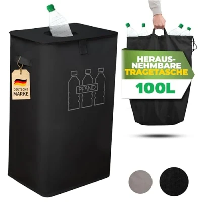Afbeelding van COTTARA® Verzamelcontainer XXL met deksel en draagtas, statiegeldhouder gat, ideaal als statiegeldflessen, bewaren van lege goederen, flessenverzamelaar voor keuken (zwart)