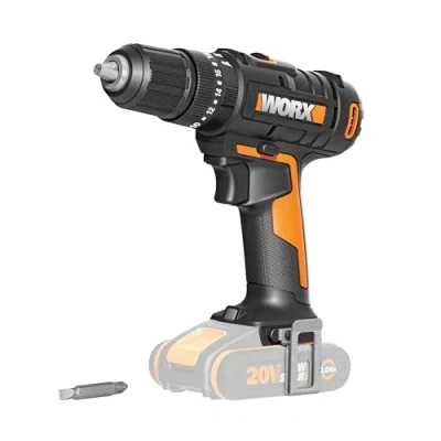 Afbeelding van Worx WX370.9 Accu slagboorschroevendraaier, 20 V 50 Nm, 2 versnellingen en LED licht, voor schroeven, boren klopboren, draaimomentstanden + boorstand slagfunctie,13 mm,zwart/oranje