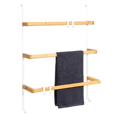 Afbeelding van eluno Hangende deurrek van metaal en bamboe, handdoekhouder met 3 handdoekstangen, 4 praktische haken, om op te hangen zonder boren (wit)