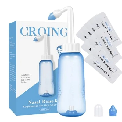 Afbeelding van CROING 𝗡𝗲𝘂𝘀𝗱𝗼𝘂𝗰𝗵𝗲 120 x Zout + 1 Neusdouchefles (300 ml) Neti Pot, Neusspoeling, Neusreiniging en Neus Spoelen, Neusdouche