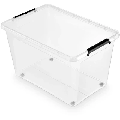 Afbeelding van 6 x ORPLAST Roller box met deksel / clips wielen 60 liter 58 39 35cm transparant