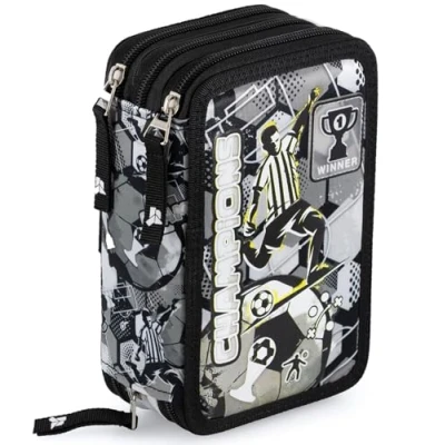 Afbeelding van Julian Ross drievoudig gevuld etui, gevuld, 44 schoolaccessoires, 20 cm, Champions zwart wit, Etui