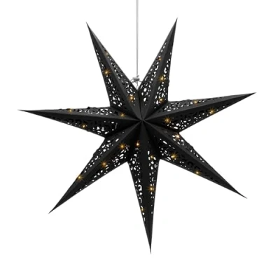 Afbeelding van Papieren led ster om op te hangen in zwart, Ø 60 cm, kerstster, decoratieve verlichting, warm wit, adventsster, lamp, sfeerlicht voor Kerstmis, advent, winter