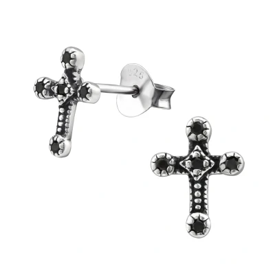 Afbeelding van JoyS Zilveren kruis oorbellen 7 x 9 mm zirkonia zwart geoxideerd